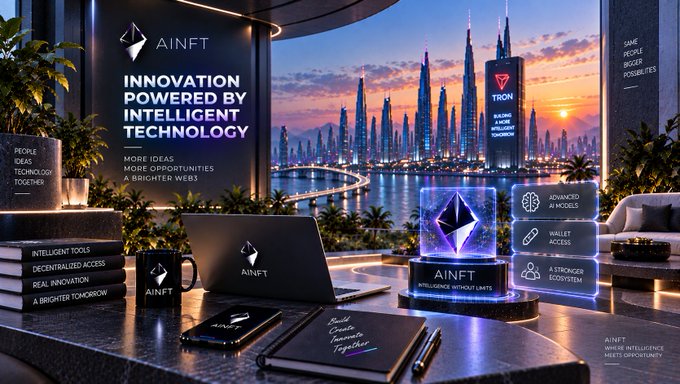 A promotional image featuring the 'AINFT' logo and the text 'INNOVATION POWERED BY INTELLIGENT TECHNOLOGY' set against a futuristic city skyline at sunset, with a desk displaying an 'AINFT' laptop, a glowing Ethereum-style coin, and branded merchandise.