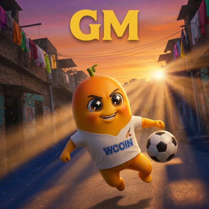 The image features a cartoon character, likely a soccer player or athlete, wearing a white shirt with "Wcoiners World Cup" written on it. The character appears to be kicking a soccer ball, which is located near the bottom right corner of the image. The background shows an urban setting with buildings and clothes hanging out to dry, suggesting that this scene takes place in a city or town where people are preparing for a sports event like the World Cup.
