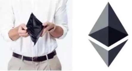The image features a man wearing a white shirt, holding a black wallet open with his hands. Below him, there's an image of the Bitcoin symbol, which appears to be a representation of the Ethereum logo. The Bitcoin symbol has been replaced by the Ethereum logo in this context.