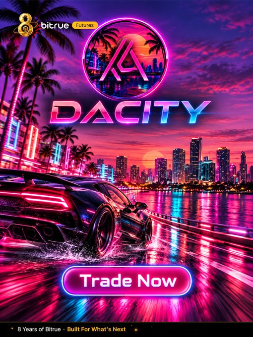 A vibrant, neon-soaked synthwave promotional poster for Bitrue Futures featuring the "$DACITY" token, with a sleek sports car speeding through a retro Miami-style skyline at sunset and a "Trade Now" call-to-action button, visually echoing the GTA 6-inspired aesthetic mentioned in the post.