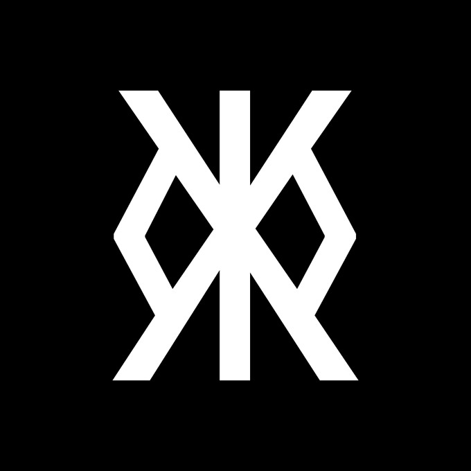 A simple white geometric monogram or logo on a black background, featuring interlocking angular shapes.