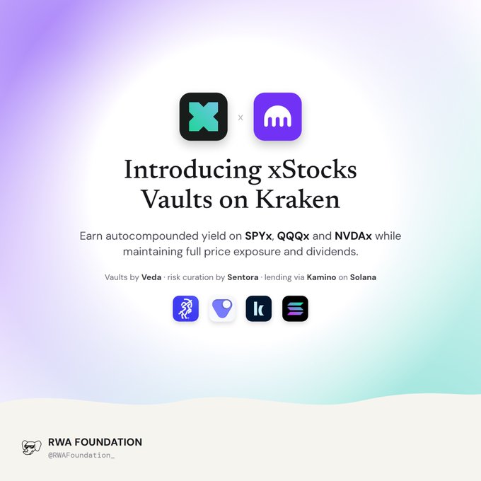 A promotional graphic announcing 'Introducing xStocks Vaults on Kraken', offering autocompounded yield on SPYx, QQQx and NVDAx via Veda vaults, Sentora risk curation, and Kamino lending on Solana.