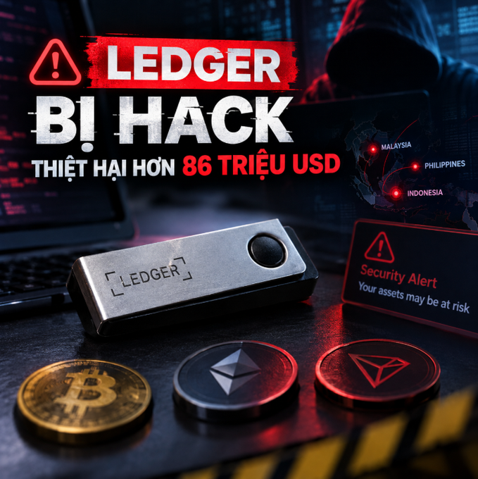 A news graphic about a Ledger hack with the Vietnamese text 'LEDGER B! HACK THIỆT HẠI HƠN 86 TRIỆU USD' showing a Ledger hardware wallet, Bitcoin/Ethereum/TRON coins, a hooded figure, and a map highlighting Malaysia, Philippines, and Indonesia.