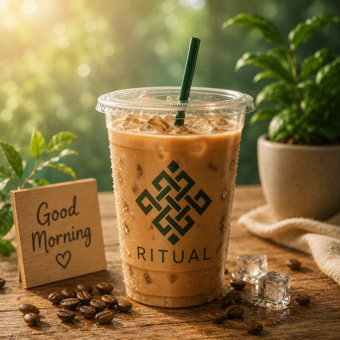 An iced coffee in a clear cup labeled 'RITUAL' with a green Celtic-style logo, sitting on a wooden table next to a 'Good Morning' sign and scattered coffee beans.