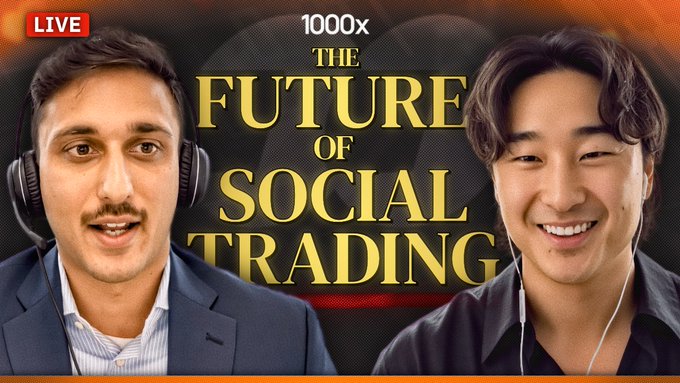 A live stream thumbnail titled '1000x THE FUTURE OF SOCIAL TRADING' featuring two men, one in a suit with headphones and another smiling in a black shirt.
