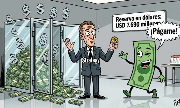 A political cartoon depicting a worried businessman labeled 'Strategy' holding a Bitcoin, while an animated dollar bill demands '¡Págame!' in a room with a sign reading 'Reserva en dólares: USD 7.690 millones' (Dollar reserve: USD 7.690 billion).