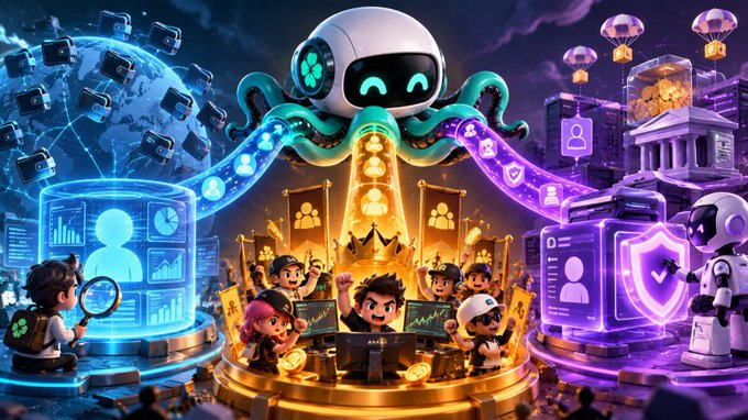 A vibrant digital illustration featuring a robot with octopus tentacles dispensing coins to a crowd, surrounded by cryptocurrency symbols and shields.