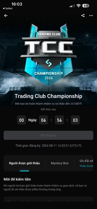 A mobile screenshot of the 'Trading Club Championship 2026' promotion with a countdown timer showing 06 days, 06 hours, 56 minutes remaining before registration closes.
