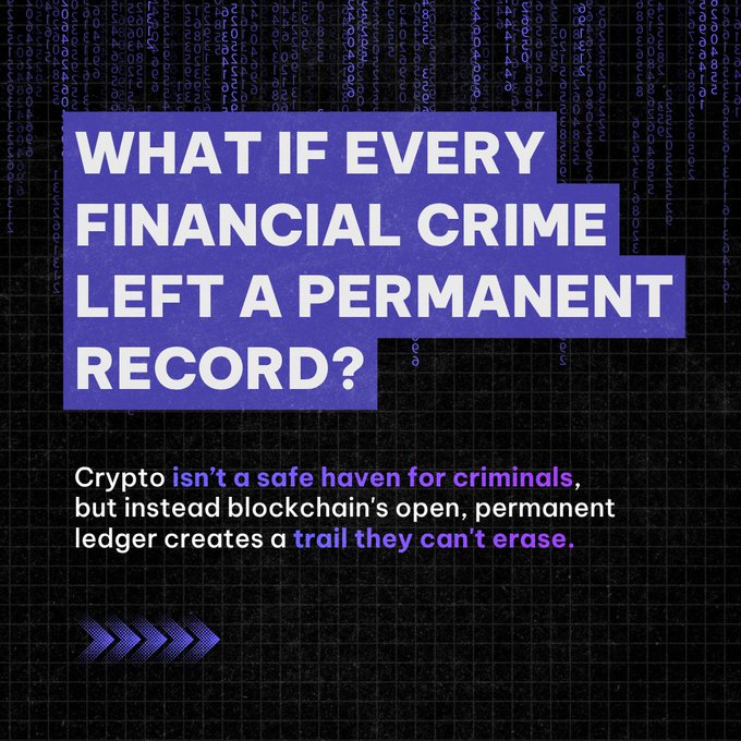 A graphic featuring a digital code background displays the headline "WHAT IF EVERY FINANCIAL CRIME LEFT A PERMANENT RECORD?" in white text on a purple banner, with the caption below stating, "Crypto isn't a safe haven for criminals, but instead blockchain's open, permanent ledger creates a trail they can't erase." The image reinforces the post's argument that blockchain technology's transparency makes it a powerful tool for law enforcement tracking financial crimes, directly visualizing the concept of an unerasable digital paper trail.