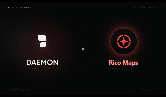 The image features a black background with two logos side by side. The logo on the left is white with a "p" shape, while the logo on the right is red with an arrow pointing towards it. Below these logos are the words "DAEMON" and "RICO MAPS", indicating that they are related to the DAEMON partnership between Daemon Terminal and RicoMaps. The image also includes text that reads "Latest News - $DAEMON @DaemonTerminal has enhanced its AI agent ARIA with on-chain forensics capabilities powered by RicoMaps".