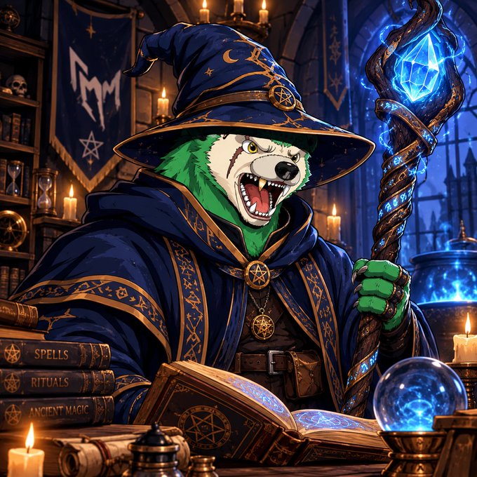 A fantasy illustration of a snarling green wolf-headed wizard in a blue robe and hat, wielding a glowing blue crystal staff in a candlelit library with spellbooks.