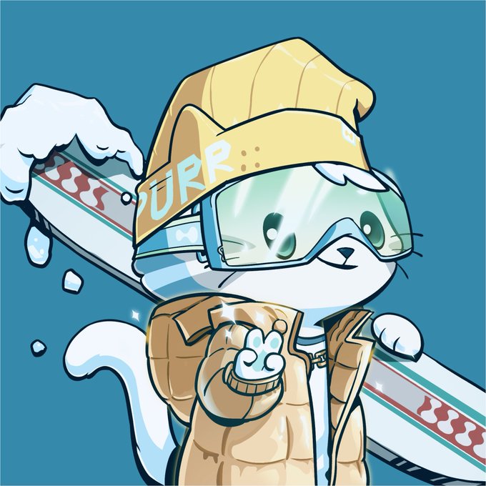 Cartoon illustration of a white cat character wearing a tan beanie with 'URR' text, blue ski goggles, and a puffer vest, holding skis over its shoulder.