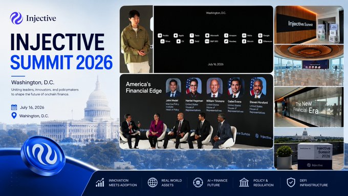 A promotional graphic for the 'Injective Summit 2026' in Washington, D.C. on July 16, 2026, featuring the U.S. Capitol building and photos of speakers including Jake Merl, Harriet Hageman, and Gabe Evans.
