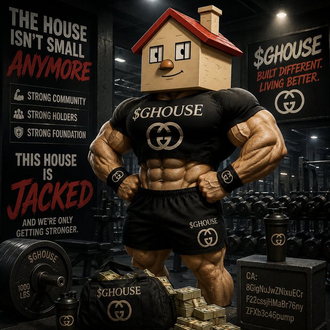 A digitally created image features a muscular bodybuilder with a cardboard house for a head wearing black '$GHOUSE' branded gym apparel, with text panels reading 'THE HOUSE ISN'T SMALL ANYMORE', 'STRONG COMMUNITY', 'STRONG HOLDERS', 'STRONG FOUNDATION', and 'THIS HOUSE IS JACKED'.