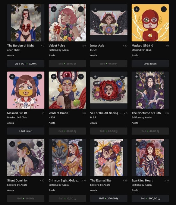 A grid of NFT artwork listings titled with names like 'The Burden of Sight,' 'Velvet Pulse,' 'Inner Axis,' 'Masked Girl #10,' 'Masked Girl #1,' 'Verdant Omen,' 'Veil of the All-Seeing,' 'The Nocturne of Lilith,' 'Silent Dominion,' 'Crimson Sight, Golde...,' 'The Eternal Star,' and 'Sparkling Heart,' all by artist Asafa.