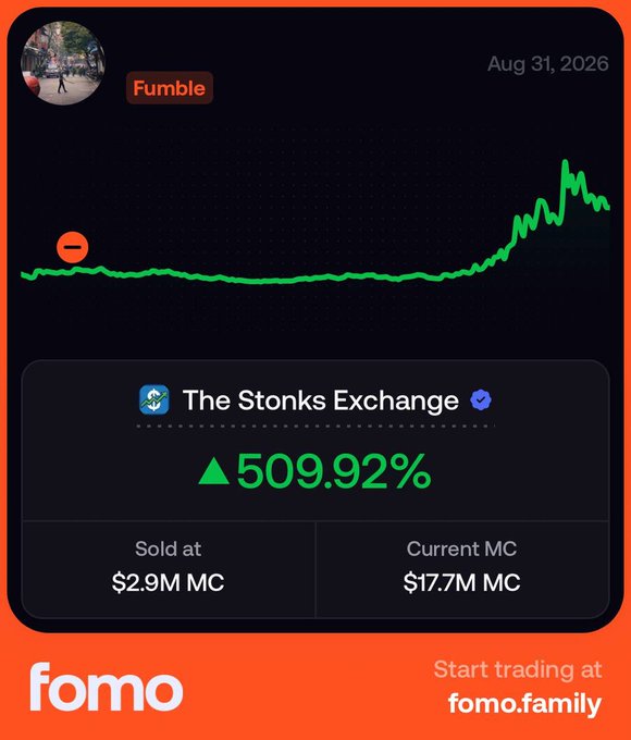 A trading app screenshot from "fomo" showing a "Fumble" on Aug 31, 2026, with "The Stonks Exchange" up 509.92%, sold at $2.9M MC with a current MC of $17.7M.