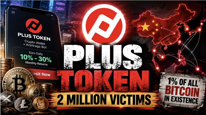 A graphic for 'PLUS TOKEN' advertises 'Crypto Wallet + Arbitrage Bot', claiming 'Earn Daily 10% - 30% Monthly Returns' alongside a map of Asia and text reading '2 MILLION VICTIMS' and '1% OF ALL BITCOIN IN EXISTENCE'.