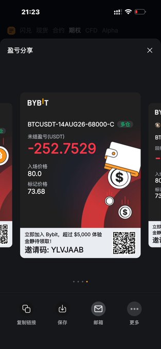 A screenshot of a Bybit P&L share card displays a futures loss of -252.7529 USDT on a BTCUSDT-14AUG26-68000-C position, with an entry price of 80.0 and mark price of 73.68. The image humorously illustrates the post's message about "cursing" losses, showing the painful outcome of a leveraged long position in the crypto market.
