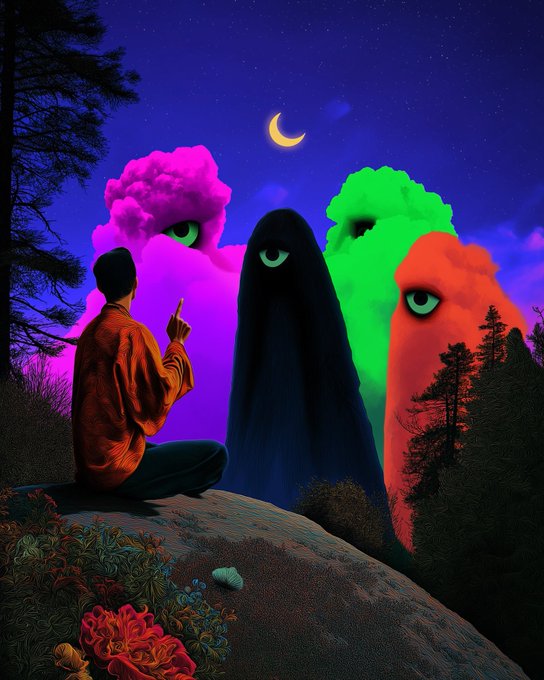 A surreal digital illustration depicting a person in an orange jacket sitting on a rocky outcrop, pointing a finger up toward four large, colorful, one-eyed ghost-like figures (purple, black, green, and red) against a starry night sky with a crescent moon.