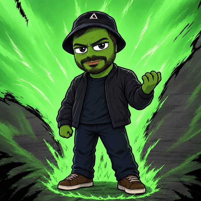 A cartoon-style illustration of a bearded man with green skin wearing a black bucket hat, jacket, and pants, posed against a dynamic green energy background.