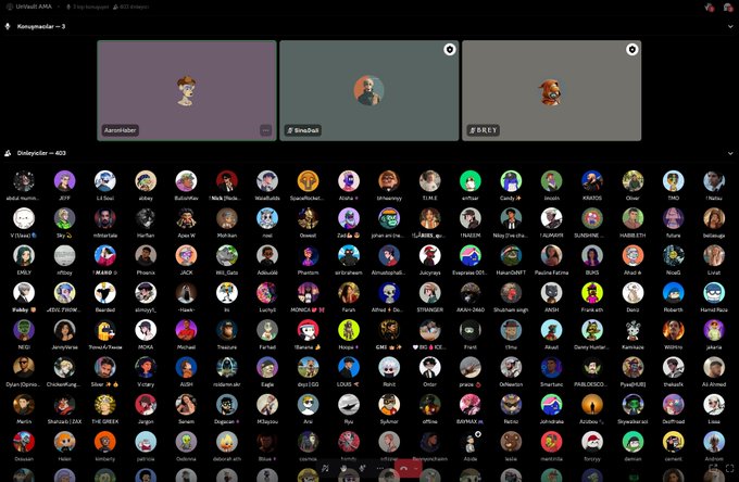 Screenshot of a Discord server called "UnVault AMA" showing the #KampenKader —3 voice channel with 3 participants (Aarontdoder, 8inclub, GREY), and a member list of 400+ participants under "Onlleyccder" confirming the AMA's growing attendance.