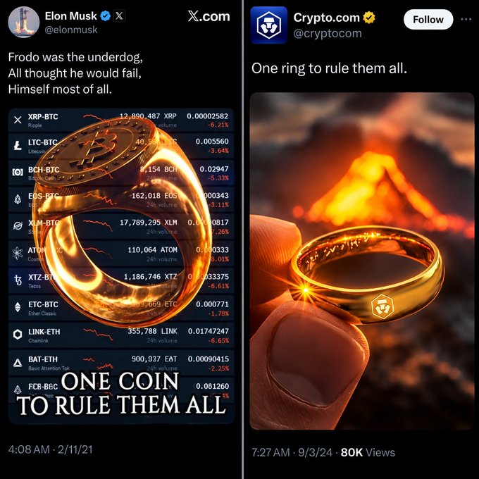 Two side-by-side tweets: one from Elon Musk (@elonmusk) dated 2/11/21 with a golden Bitcoin ring captioned 'ONE COIN TO RULE THEM ALL', and another from Crypto.com (@cryptocom) dated 9/3/24 showing a similar golden ring with 'One ring to rule them all.'