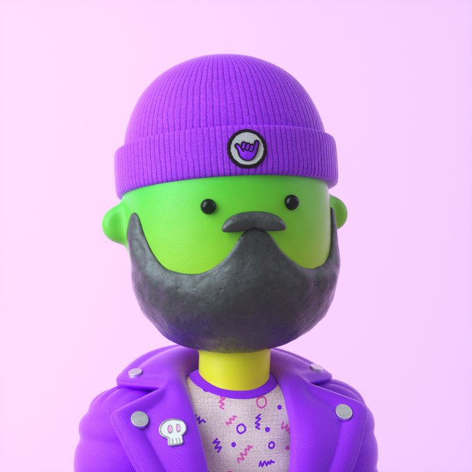 A 3D rendered character has green skin, a black beard, and wears a purple beanie and a purple jacket over a patterned shirt against a pink background.