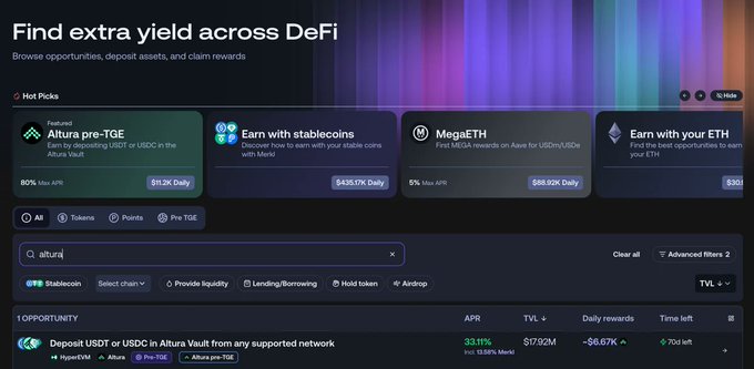 The image shows an overview of Altura, a stablecoin yield vault service. The focus is on Altura's offerings for Ether-Ethereum users, which allow them to earn tokens with fixed yields. Altura also offers additional services such as lending against Ether-Ethereum transactions and managing Ether-Ethereum deposits in exchanges like HyperEVM.