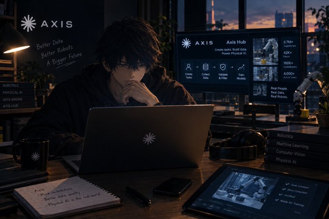 An anime-style promotional image for AXIS featuring a dark-haired character working on a laptop, with text highlighting 'Better Data, Better Robots, A Bigger Future' and the Axis Hub platform.