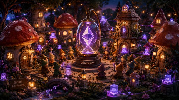A whimsical digital artwork of an enchanted gnome village with glowing lanterns and mushroom houses gathered around a large glowing Ethereum crystal in a glass dome labeled 'ethereum', with a sign reading 'Smart Contracts'.