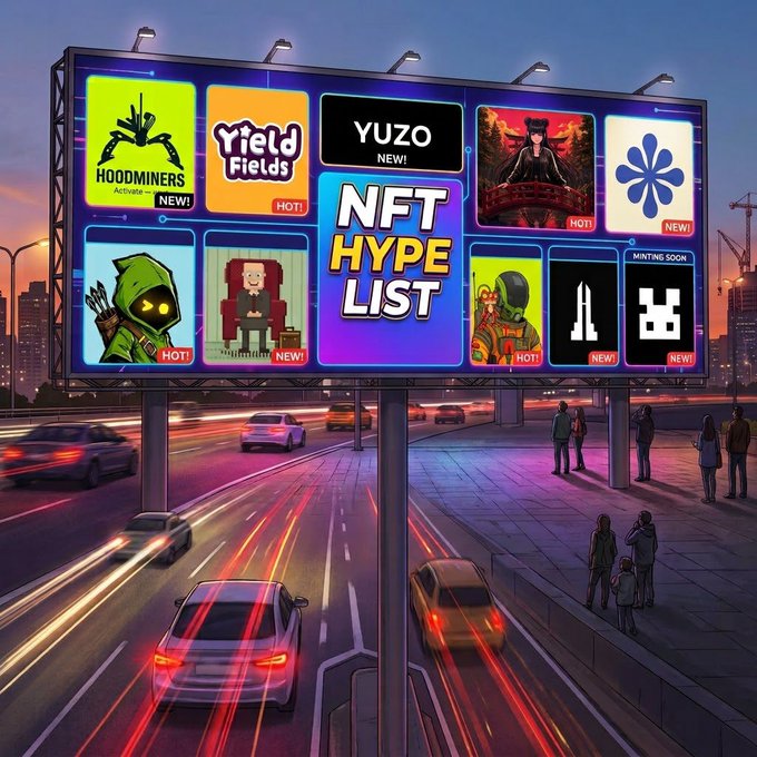 A large illuminated billboard at dusk advertises an 'NFT HYPE LIST' featuring various digital collectibles and characters like 'HOODMINERS' and 'Yield Fields,' overlooking a busy highway with light trails from passing cars.
