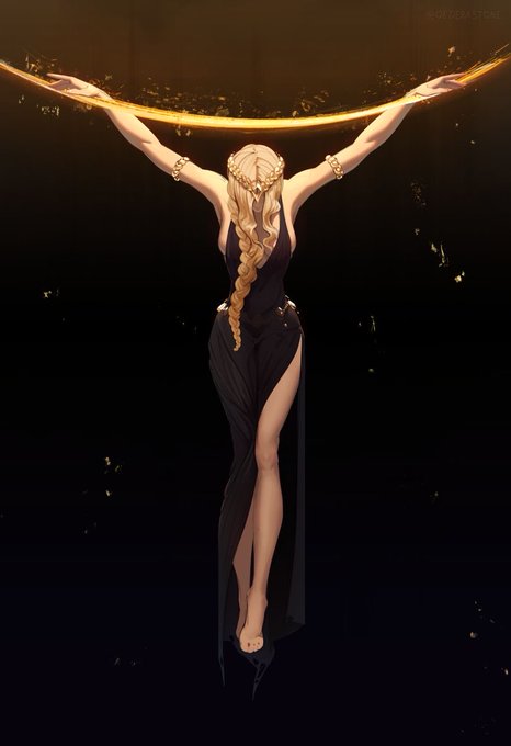 A digital illustration of an elegant blonde woman in a black dress with a high slit, wearing a golden headpiece and bracelets, holding a glowing golden arc above her head against a dark background with floating gold particles, signed 'BOY FERA STORE' in the corner.