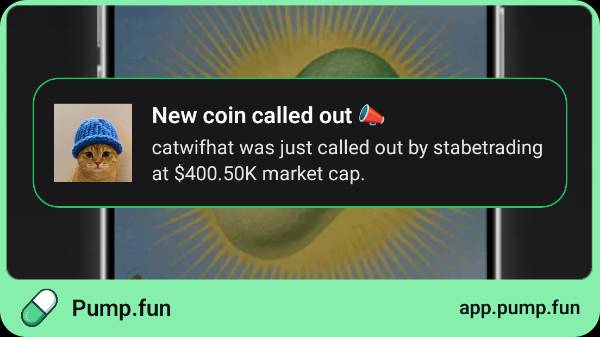 The image features a social media post from a user named "Catwifhat" who posted about an article about catwif hats that was just called out by the market cap, as described in the caption provided. The post also mentions an app named "pump.fun" and "Follow me on pump.fun app to get instant alerts: pump.fun/profile/6D6dmb".