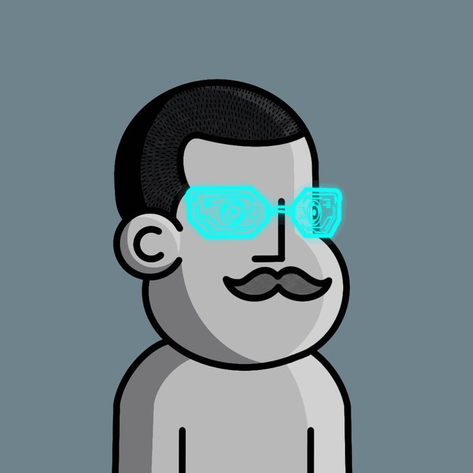 An illustration shows a gray-toned cartoon man with a mustache wearing futuristic cyan-colored tech glasses against a blue-gray background.