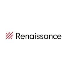 The image displays the Renaissance Technologies logo featuring a red-and-black striped square symbol beside the company name "Renaissance" in black text. The logo accompanies news about the hedge fund increasing its stake in MicroStrategy (MSTR), a Bitcoin treasury company, by purchasing an additional 422,881 shares worth $40.1 million.