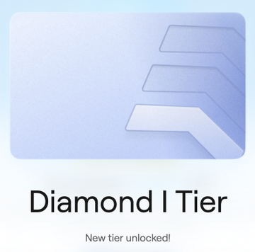 The image displays a "Diamond I Tier" badge with the text "New tier unlocked!" celebrating the user's achievement of reaching the Diamond tier on AbstractChain. The sleek purple gradient design with geometric arrow shapes represents the milestone, matching the post's excitement about unlocking Diamond status during their "Happy XP Day."