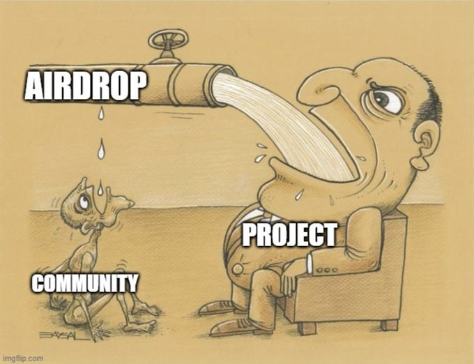A cartoon shows a wealthy man labeled "PROJECT" receiving a massive stream of resources from a tap labeled "AIRDROP," while only a few meager drops reach the impoverished, gaunt figure labeled "COMMUNITY." The image illustrates the post's theme that projects capture most of the airdrop value while the community receives far less, especially as farmers and sybils dilute the rewards.