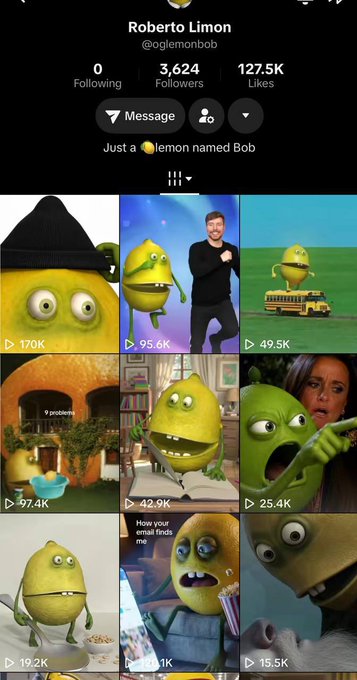 A TikTok profile for "Roberto Limon" (@oglemonbob) with the bio "Just a 🍋 lemon named Bob" showing 3,624 followers and 127.5K likes, demonstrating the massive likes-to-followers ratio mentioned in the post about the $lemonbob meme account.