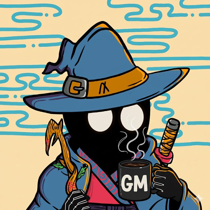 A cartoon illustration of a shadowy black figure wearing a blue wizard hat, holding a smoking mug labeled 'GM' and a staff with a small dragon head.
