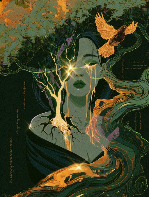 A surreal digital illustration of a woman with glowing golden eyes, golden tears, and tree-like structures emerging from her face, accompanied by a bird and flowing green and gold elements.