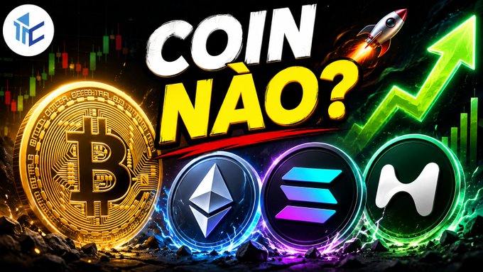 Cryptocurrency thumbnail with Portuguese text 'COIN NÃO?' featuring Bitcoin, Ethereum, Solana, and Hedera logos with a green upward arrow and rocket graphic.