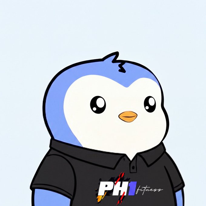 A cartoon penguin mascot with a blue and white head wearing a black polo shirt with 'PH1 fitness' written on it.