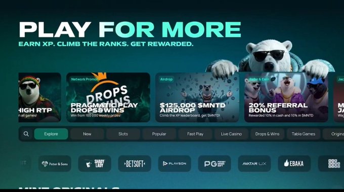A dark-themed gaming/casino website banner reads 'PLAY FOR MORE. EARN XP. CLIMB THE RANKS. GET REWARDED.' featuring a polar bear mascot wearing sunglasses and promotional tiles for Drops & Wins, an airdrop, and a 20% referral bonus.