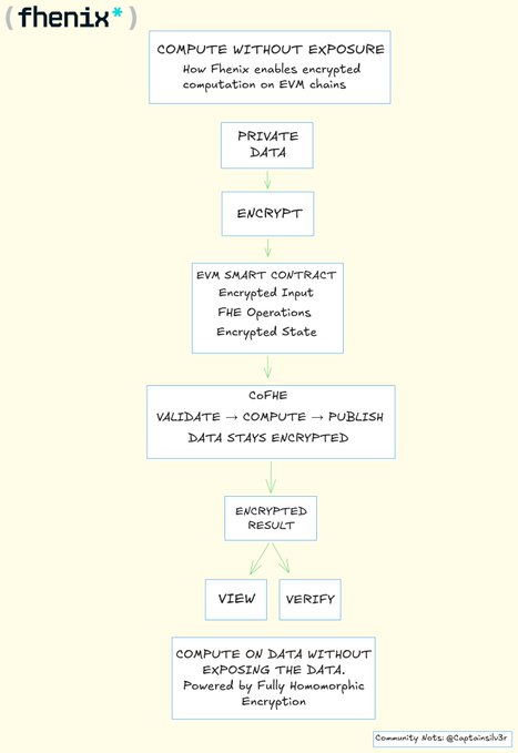 An informational diagram from '( fhenix )' explaining 'COMPUTE WITHOUT EXPOSURE', with a flowchart showing the process: 'PRIVATE DATA' -> 'ENCRYPT' -> 'EVM CONTRACT' -> 'CoFHE' -> 'ENCRYPTED RESULT' -> 'VIEW' or 'VERIFY'.