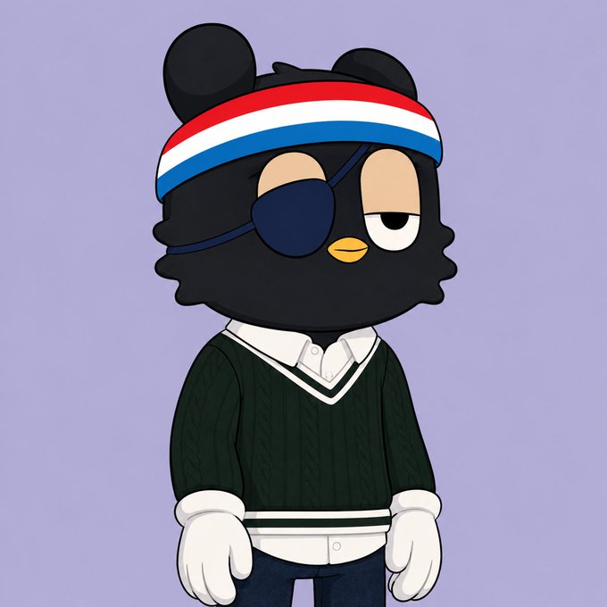 A cartoon character featuring a black bear-like head with an eyepatch and a red, white, and blue striped headband, wearing a green sweater over a white collared shirt against a light purple background.