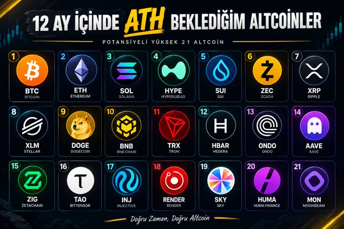 A Turkish-language infographic titled '12 AY İÇİNDE ATH BEKLEDİĞİM ALTCOINLER' displaying 21 cryptocurrency logos including BTC, ETH, SOL, HYPE, SUI, ZEC, XRP, XLM, DOGE, BNB, TRX, HBAR, ONDO, AAVE, ZIG, TAO, INJ, RENDER, SKY, HUMA, and MON.