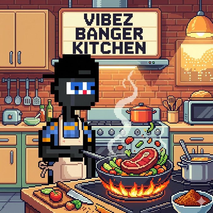 A pixel art illustration shows a character cooking a meal in a kitchen with a sign reading 'VIBEZ BANGER KITCHEN'.