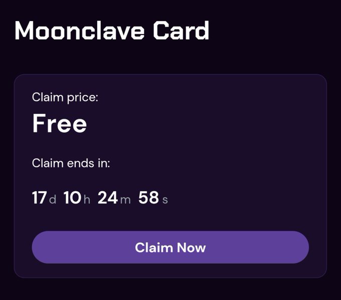 A digital interface for a 'Moonclave Card' shows a 'Claim price: Free' and a countdown timer indicating '17d 10h 24m 58s' remaining, with a 'Claim Now' button.