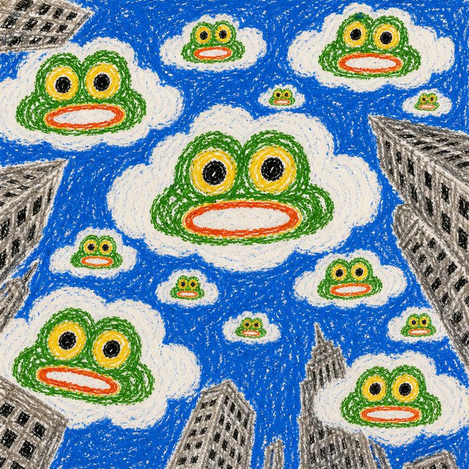 A naive, crayon-style drawing depicting many green frog faces peering down from white clouds in a blue sky above grey skyscrapers.
