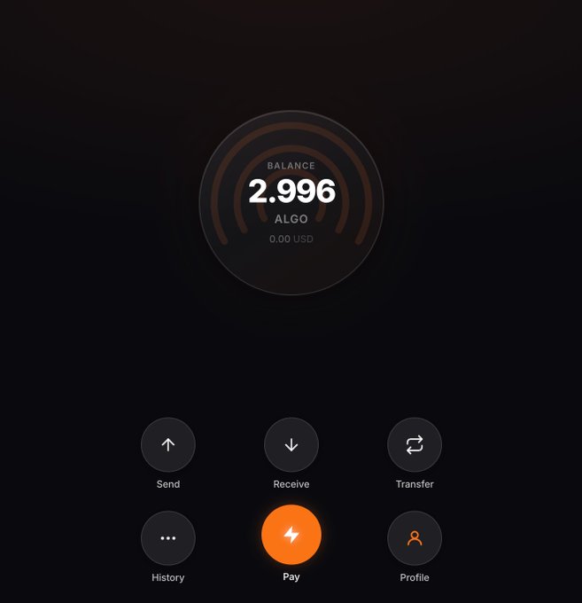 The image shows a screen displaying a balance of 2,966 Algo currency units. The screen also has buttons for sending, receiving, transferring, and paying. There are icons representing different actions related to cryptocurrency transactions. The text on the screen reads "Beta testing. Sent $ALGO and $USDC on @GetVeri_ Easy to use Vault. Txns went smoothly with receipts." This suggests that the image is from a beta testing phase for a cryptocurrency wallet, where users can send and receive Algo currency units using the provided interface. The user experience seems to be smooth, as evidenced by the text indicating "Txns went smoothly with receipts."